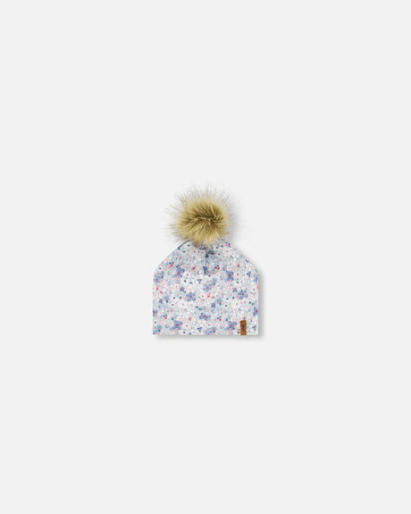 Detachable Pompom Hat Baby Blue Printed Watercolor Flowers | Deux par Deux | Jenni Kidz
