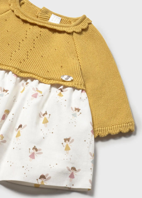 Detail of cotton knit bodice and round neckline on Mayoral baby dress