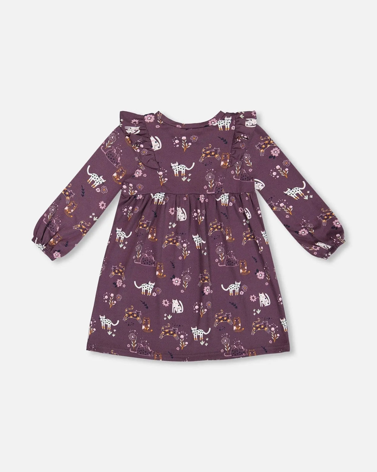 Dress With Frills Mauve Printed Cats | Deux par Deux | Jenni Kidz