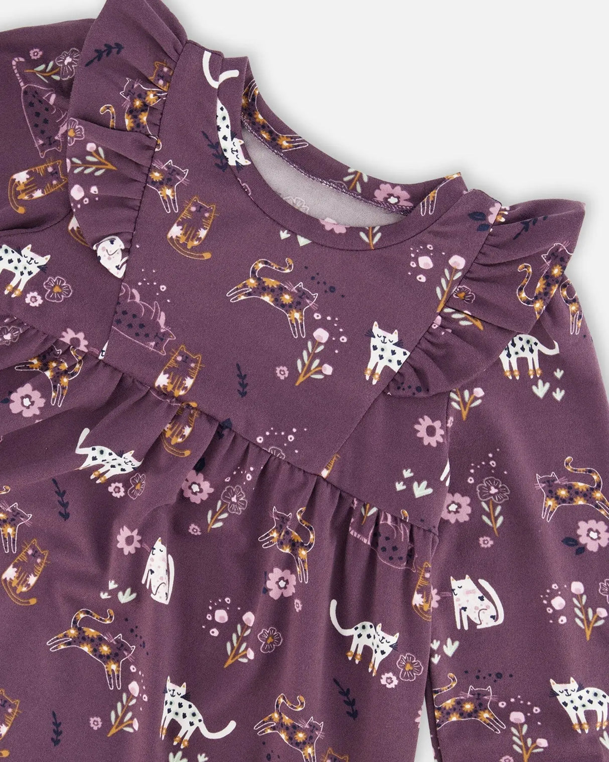 Dress With Frills Mauve Printed Cats | Deux par Deux | Jenni Kidz