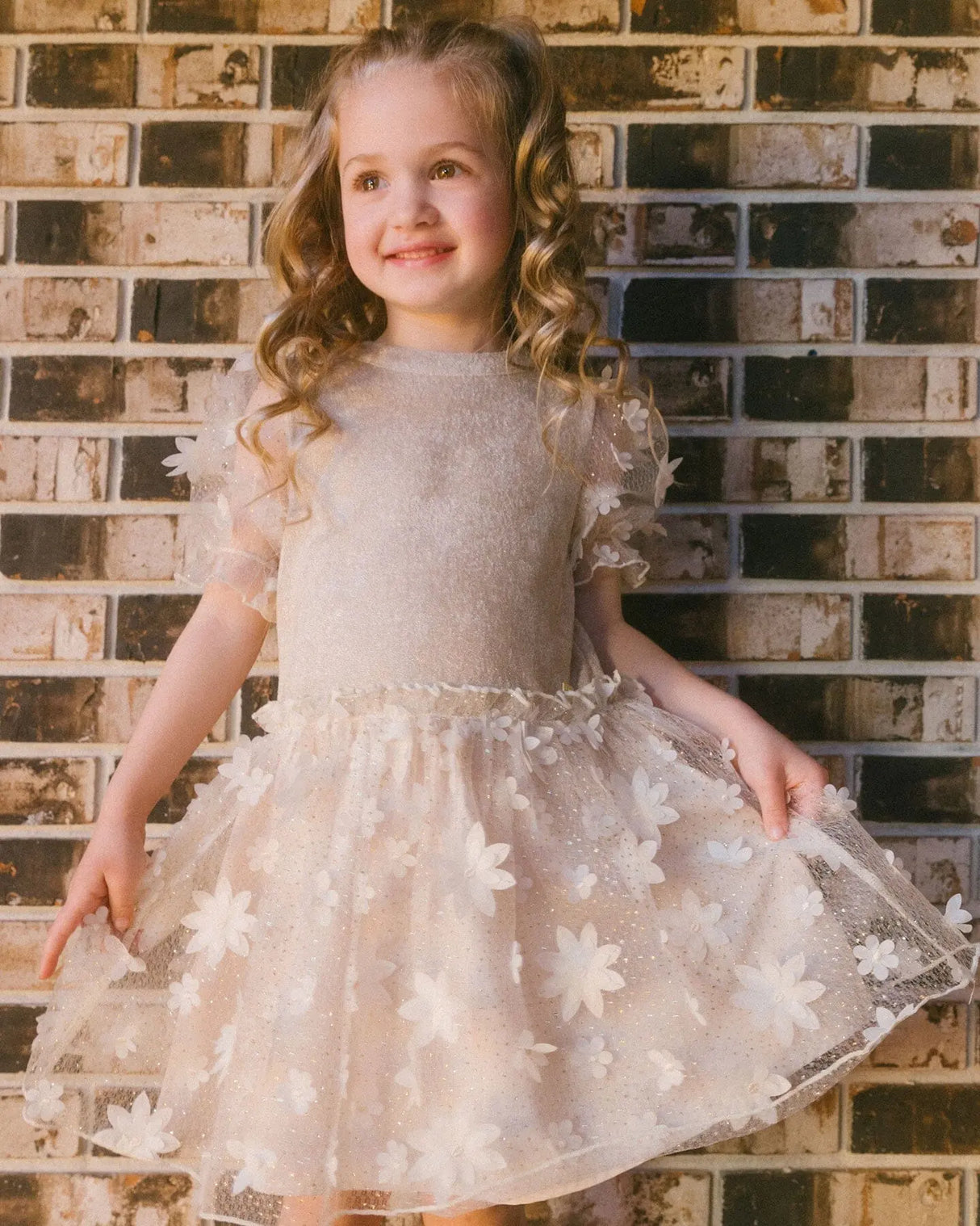 Elbow Sleeve Dress With Tulle Skirt Glittering Beige | Deux par Deux | Jenni Kidz