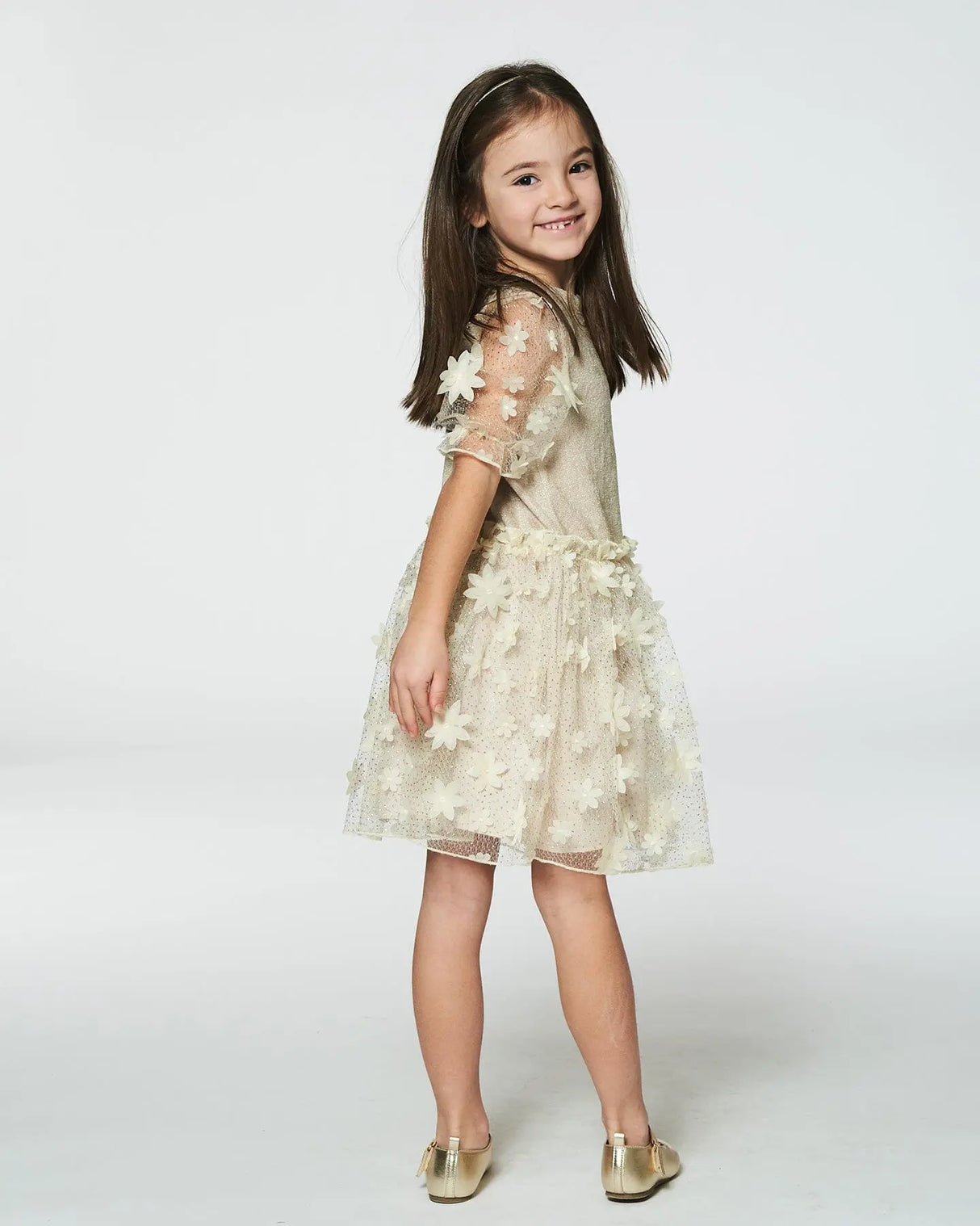 Elbow Sleeve Dress With Tulle Skirt Glittering Beige | Deux par Deux | Jenni Kidz