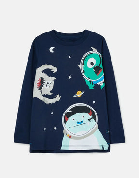 Joules Finlay Navy Space Monster T-Shirt: front view with space monsters