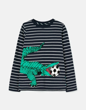 Joules Finlay Navy Stripe Football Crocodile T-Shirt: front view with crocodile and football