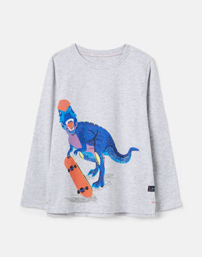 Joules Finlay Grey Skateboarding Dinosaur T-Shirt: front view with skateboarding dinosaur
