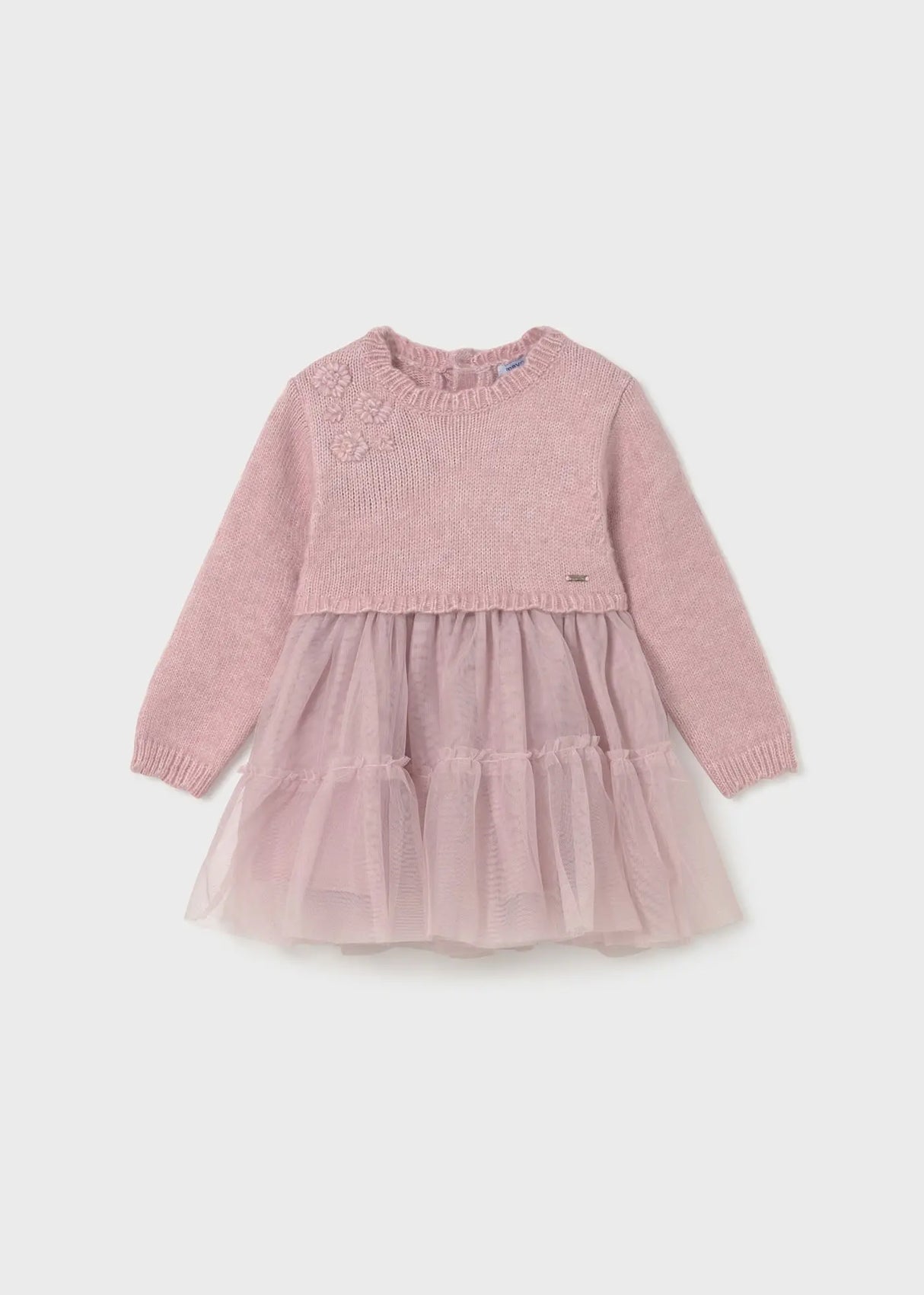 Flat lay front view of Mayoral baby knit and tulle dress