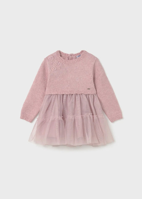 Flat lay front view of Mayoral baby knit and tulle dress