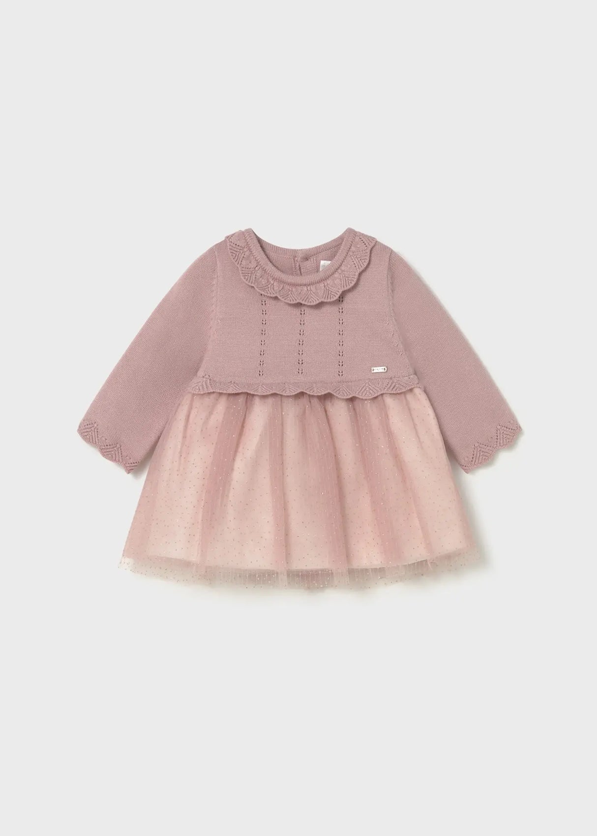Flat lay front view of Mayoral newborn girl tulle and knit dress