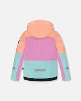 Flat lay of colorblocked jacket — back view with detachable, helmet-friendly hood