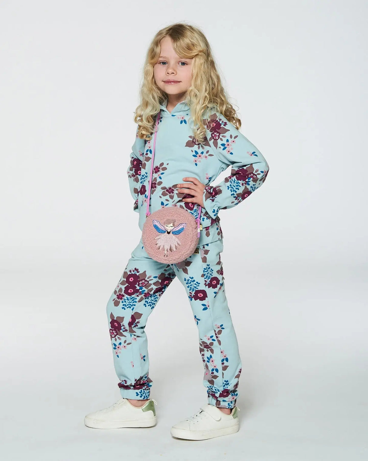 Fleece Hoodie Light Blue Printed Big Flowers | Deux par Deux | Jenni Kidz