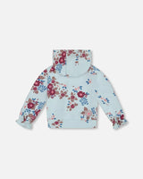 Fleece Hoodie Light Blue Printed Big Flowers | Deux par Deux | Jenni Kidz