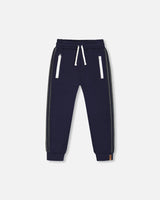 Fleece Sweatpants With Contrast Side Rib Navy | Deux par Deux | Jenni Kidz