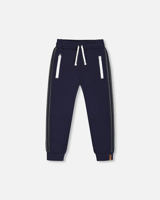 Fleece Sweatpants With Contrast Side Rib Navy | Deux par Deux | Jenni Kidz