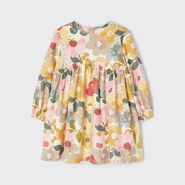 Mayoral girls multi floral dress with long sleeves, gathered skirt, and colorful flower print.