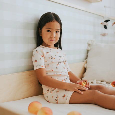 Floral print organic cotton kids pajama set close-up Petit Lem