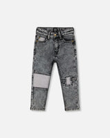 French Terry Black Denim Pants With Contrasting Patch | Deux par Deux | Jenni Kidz