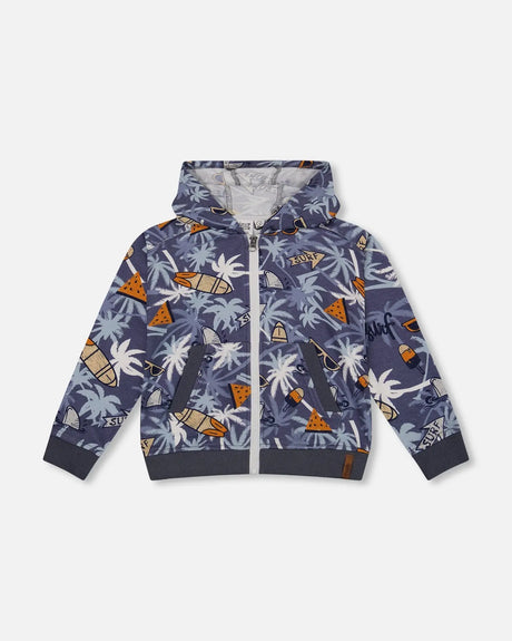 French Terry Hooded Cardigan Printed Palm Tree And Surf | Deux par Deux | Jenni Kidz