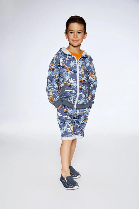 French Terry Hooded Cardigan Printed Palm Tree And Surf | Deux par Deux | Jenni Kidz