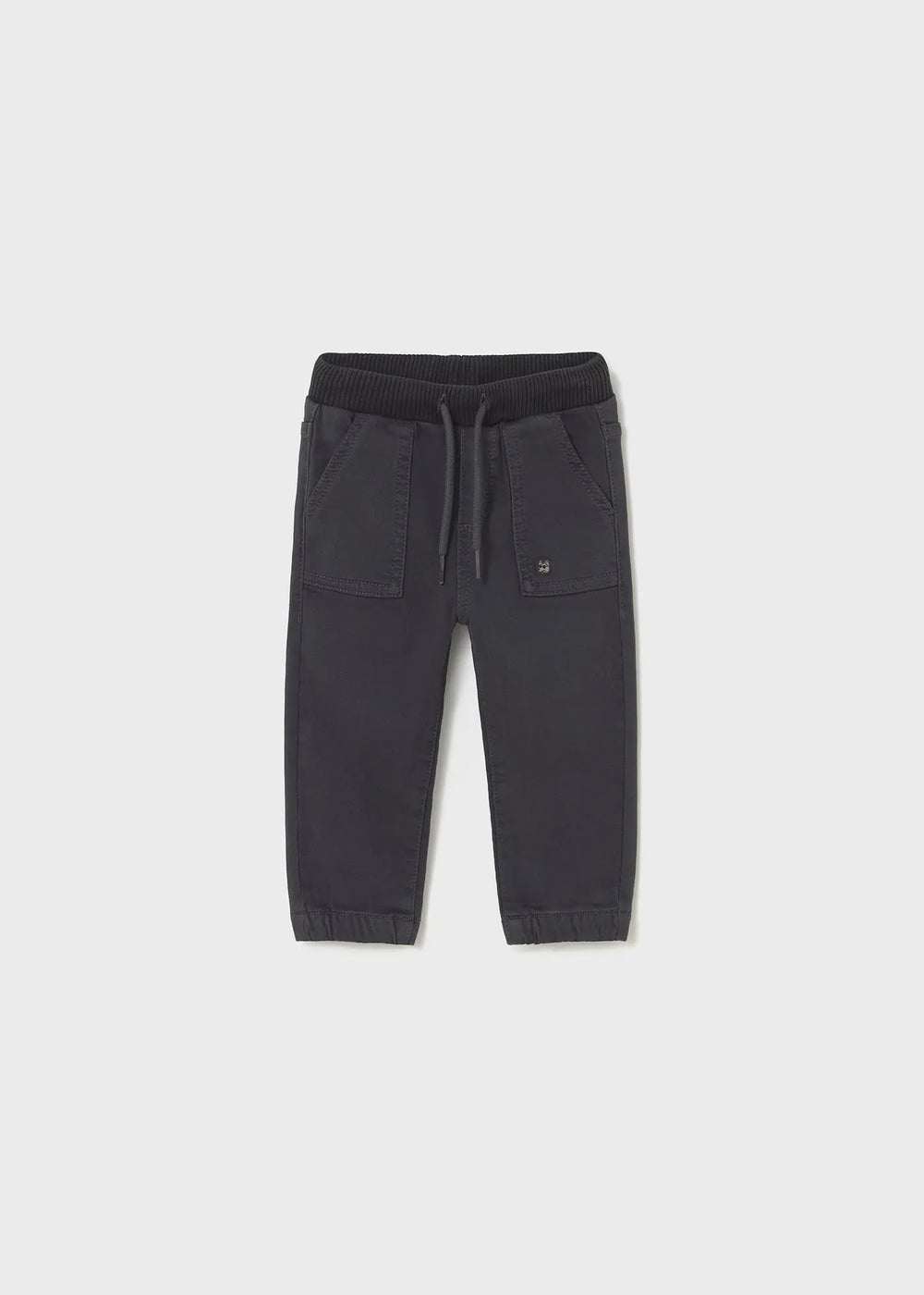 Front flat lay of Mayoral baby cotton-twill joggers in black with elastic waistband and cuffed hems