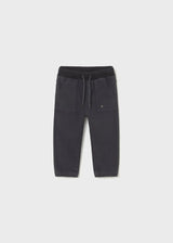 Front flat lay of Mayoral baby cotton-twill joggers in black with elastic waistband and cuffed hems
