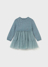 Front flat lay of Mayoral baby knit and tulle dress in soft blue-green with waved collar