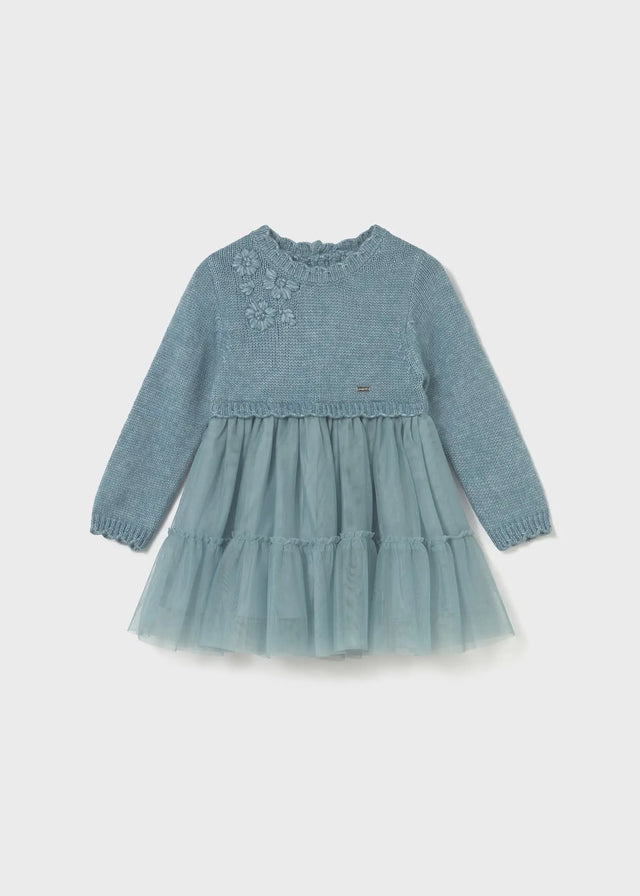 Front flat lay of Mayoral baby knit and tulle dress in soft blue-green with waved collar