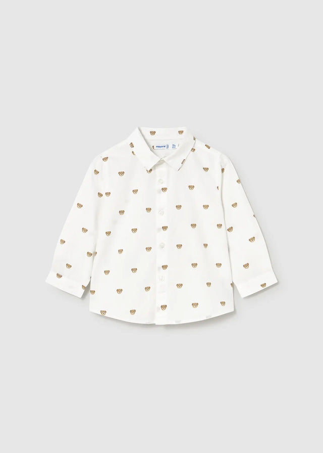 Front flat lay of Mayoral baby printed long-sleeve shirt with collar and button placket