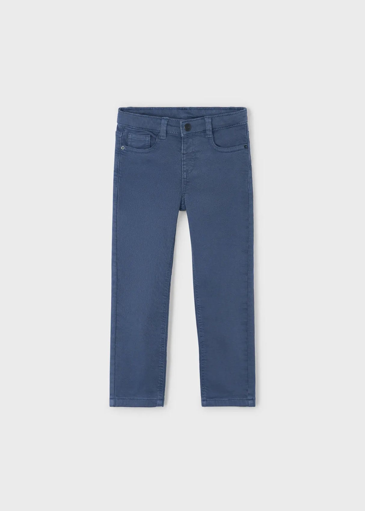 Front flat lay of Mayoral boys’ straight-leg pants in indigo cotton twill