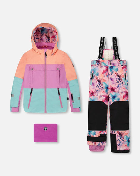 Front flat lay of colorblocked jacket with pink watercolor flower bib pants — Deux par Deux two-piece snowsuit
