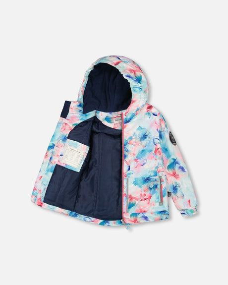 Front view of Deux par Deux turquoise snowsuit jacket with adjustable hood