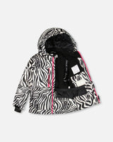Front view of Deux par Deux zebra print TEKNIK snowsuit jacket with hood