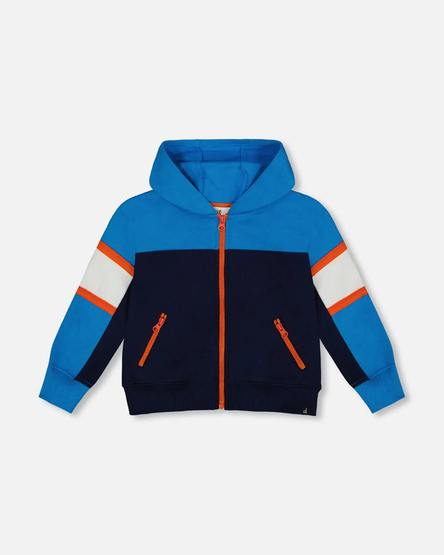 Full Zip Colorblock Hooded Fleece Sweatshirt Navy | Deux par Deux | Jenni Kidz