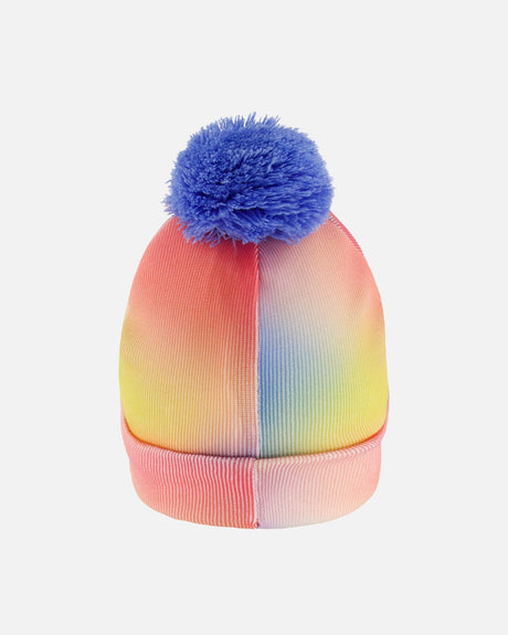 Multicolor watercolor Deux par Deux cable knit hat with periwinkle pompom, flat lay back view