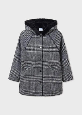 Mayoral girls black and gray plaid hooded coat with button front and black faux-fur style hood trim.