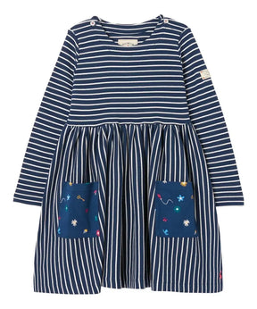 Joules Nancy Navy Stripe Printed Pocket Dress: front view of navy striped dress with printed pockets