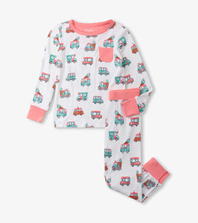 Hatley girls Ice Cream bamboo pajama set with pink trim, long sleeves, and matching pants.