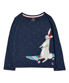 Joules Navy Skateboarding Rabbit Long Sleeve T-Shirt: front view with stars and skateboarding rabbit