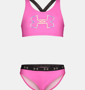 Under Armour girls two-piece racer bikini in Pink/Black with logo waistband