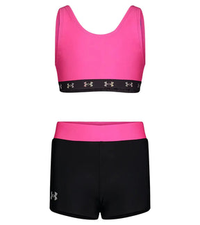 Under Armour girls Pink/Black two-piece swim short set with tank top, logo hem, and UPF 30+.