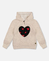 Glittering Beige French Terry Hoodie With Heart Applique | Deux par Deux | Jenni Kidz