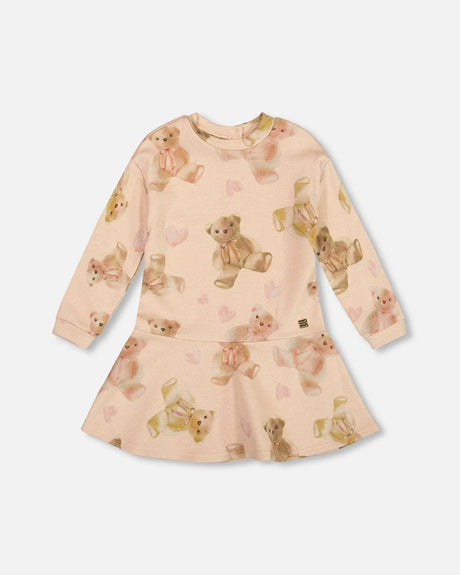 Glittering French Terry Dress Beige Teddy Bear Print | Deux par Deux | Jenni Kidz