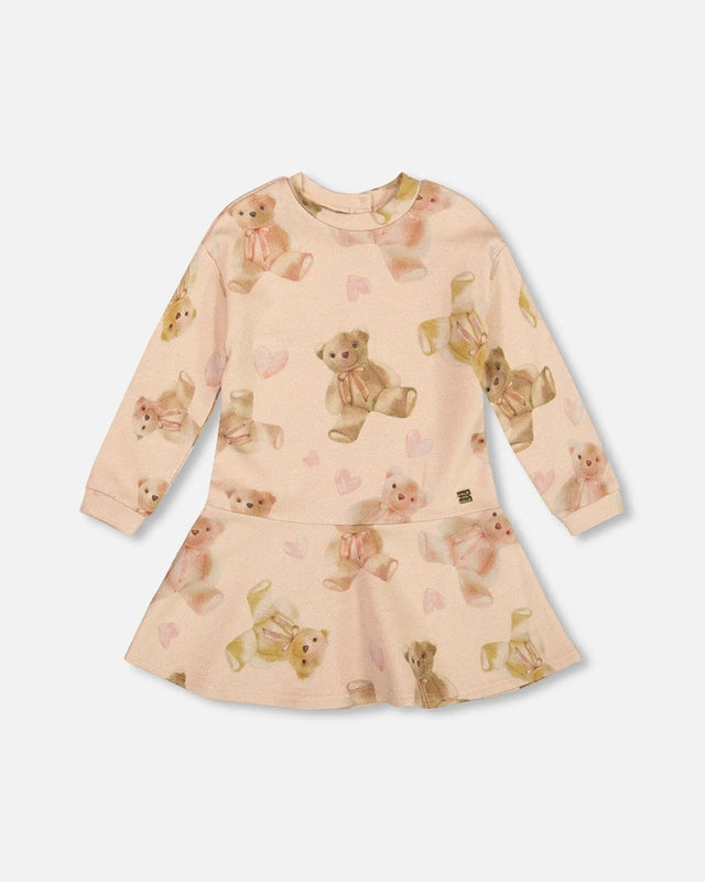 Glittering French Terry Dress Beige Teddy Bear Print | Deux par Deux | Jenni Kidz
