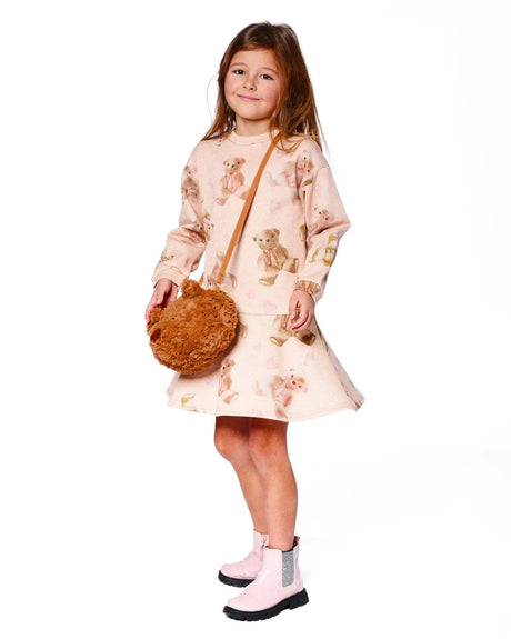 Glittering French Terry Dress Beige Teddy Bear Print | Deux par Deux | Jenni Kidz