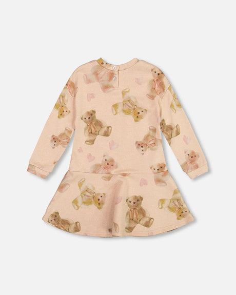 Glittering French Terry Dress Beige Teddy Bear Print | Deux par Deux | Jenni Kidz