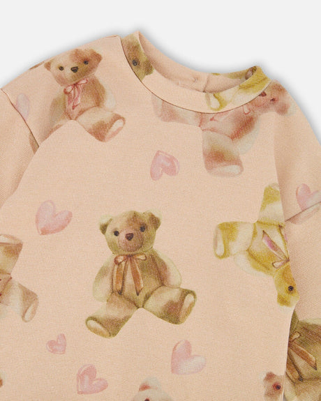 Glittering French Terry Dress Beige Teddy Bear Print | Deux par Deux | Jenni Kidz