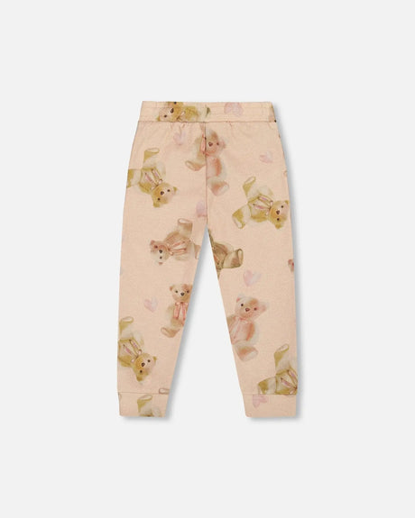 Glittering French Terry Sweatpants Beige Teddy Bear Print | Deux par Deux | Jenni Kidz