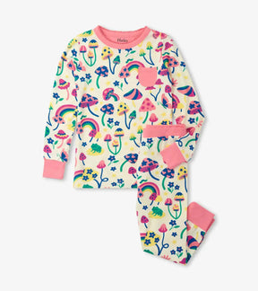 Hatley girls Groovy Mushroom bamboo pajama set in Cream/Pink with long sleeves and matching pants.