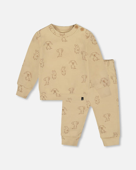 Organic Cotton Pant And Top Set Beige Printed Dogs-0
