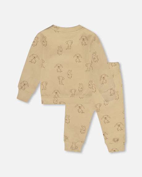 Organic Cotton Pant And Top Set Beige Printed Dogs-1