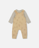 Organic Cotton Onesie With Overalls Set Beige Printed Dogs-0